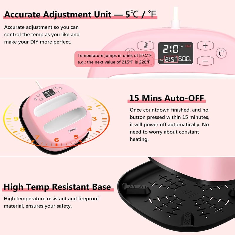 Calogy Heat Press Machine for T-Shirts 10"X10", Portable Heat Press Fast Up to 410℉(210 ºC), Precise Temp Control, 15 Mins Auto Off for Bag, Pillows Sublimation Vinly Transfer(Pink White, 10 x 10 in) - Image 4